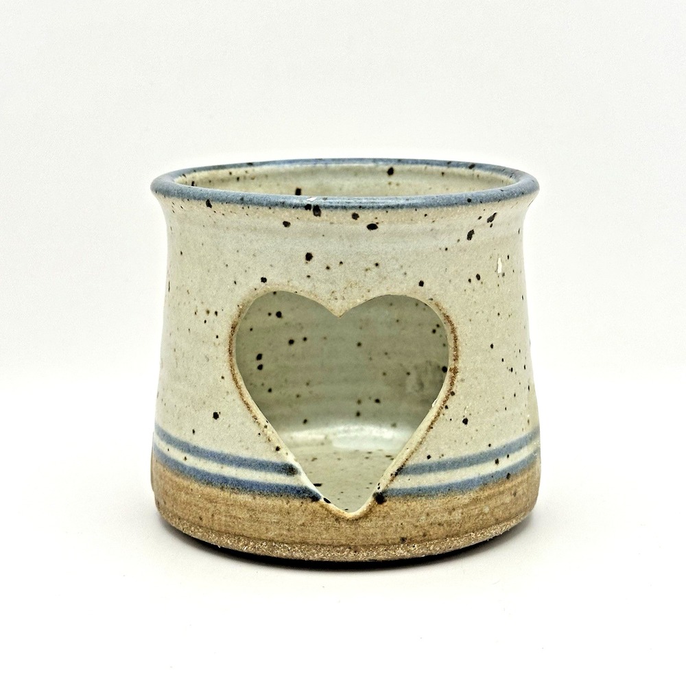 Vintage Flat Earth Pottery Heart Votive Candle Holder Blue Cream Signed